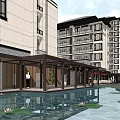 Modern Chinese Courtyard Architecture With Wooden Lattice Walls Green Plants And Terrace