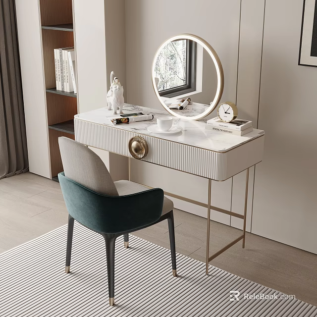 Modern White Dressing Table With Round Mirror Green Chair And Decorative Items 3d model 