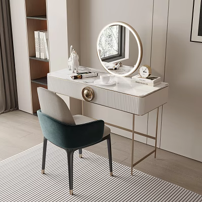 Modern White Dressing Table With Round Mirror Green Chair And Decorative Items 3d model
