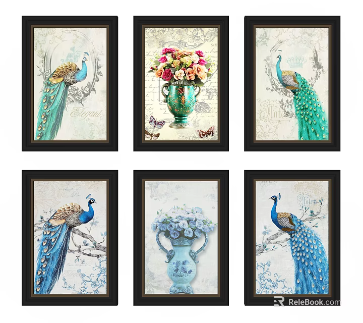 Elegant Wall Art With Peacock Vase Colorful Flowers And Butterflies Design 3d model 