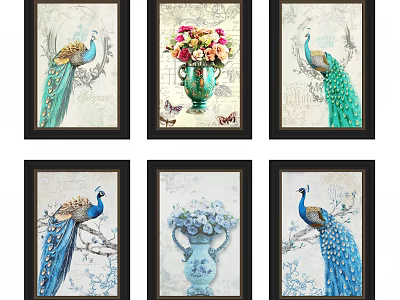 Elegant Wall Art With Peacock Vase Colorful Flowers And Butterflies Design 3d model