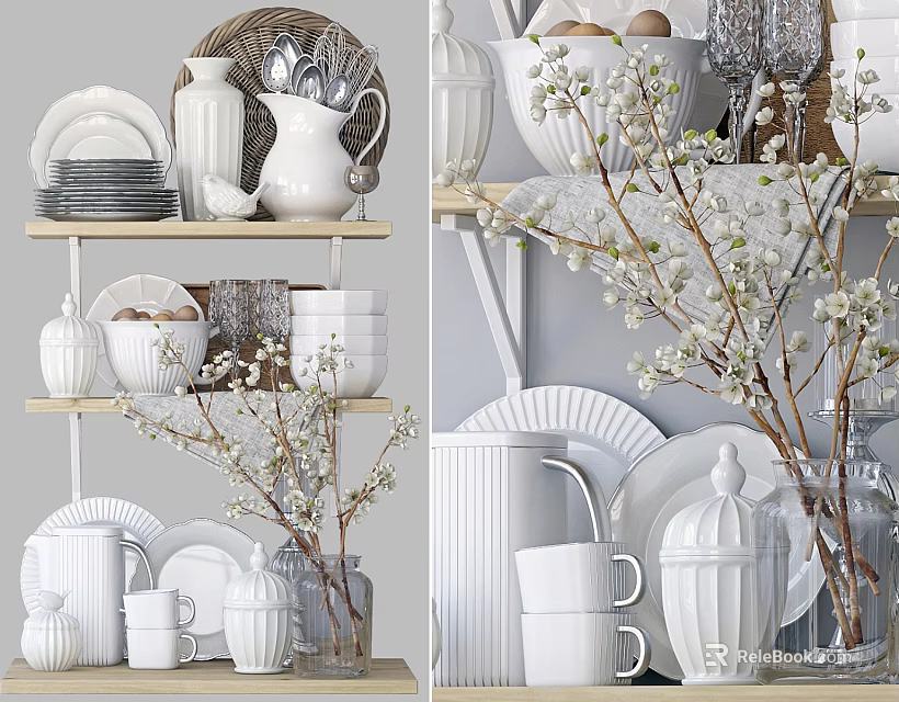 White Dinnerware Set Display On Shelves With Plates Mugs And Decorative Branches 3d model 