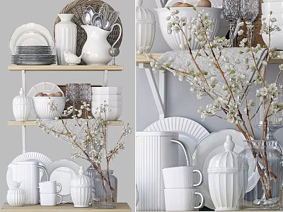 White Dinnerware Set Display On Shelves With Plates Mugs And Decorative Branches 3d model