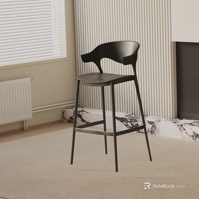 Modern Black Bar Stool With Backrest And Metal Legs In Contemporary Interior With Striped Wallpaper 3d model 