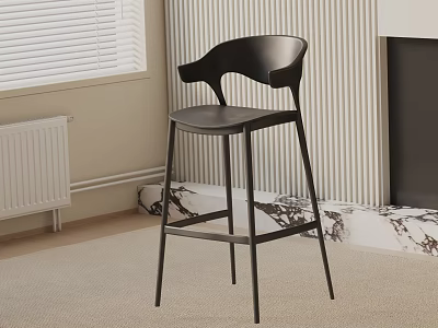 Modern Black Bar Stool With Backrest And Metal Legs In Contemporary Interior With Striped Wallpaper 3d model