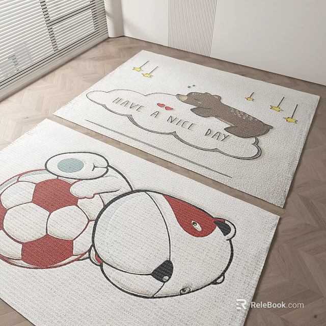 Cartoon Designed Square Rugs With Bear Have a Nice Day Text and Panda Football Patterns 3d model 