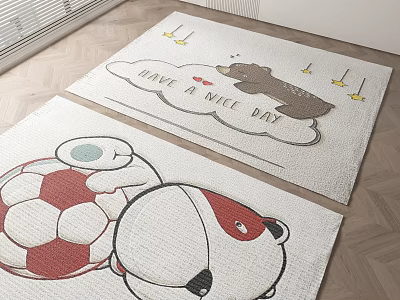 Cartoon Designed Square Rugs With Bear Have a Nice Day Text and Panda Football Patterns 3d model