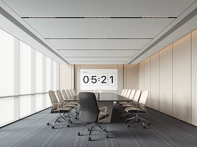 Modern Conference Room With Long Table Chairs Large Windows And Digital Clock 3d model