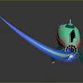 Flying 3D Green Red Spaceship Model With Blue Flame And Reflection