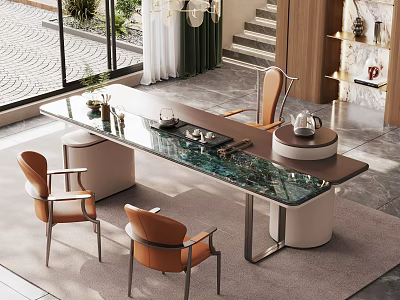 Modern Tea Table With Green Stone Top And Orange Chairs In Bright Living Room Setting 3d model