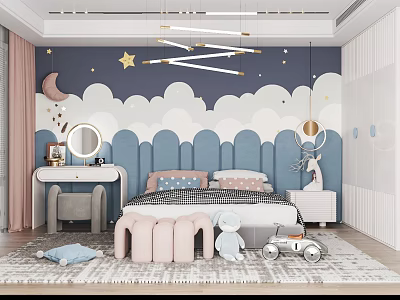 Kids Room Design With Blue Cloud Moon Star Wall Decor Pink Bench And Stuffed Toy 3d model