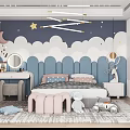 Kids Room Design With Blue Cloud Moon Star Wall Decor Pink Bench And Stuffed Toy
