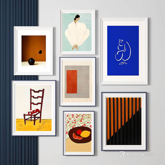 Various Style Decorative Paintings On Wall With Diverse Art Patterns 3d model