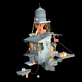 Cartoon Style Floating Lighthouse Structure With Multi Level Platforms And Crates 3d model