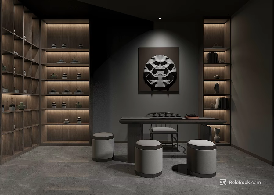 Modern Tea Room Interior With Wooden Shelves Tea Sets Table Stools And Decorative Painting 3d model 