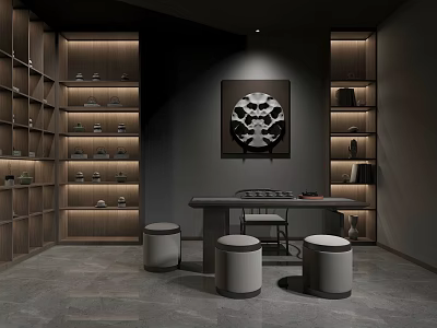 Modern Tea Room Interior With Wooden Shelves Tea Sets Table Stools And Decorative Painting 3d model