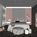 Cozy Kids Room Interior With Pink Gray Bed Herringbone Flooring Bean Bag Chair And Bookshelf