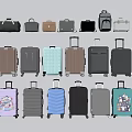 Assorted Luggage and Bags Collection Including Rolling Suitcases and Handbags in Multiple Colors
