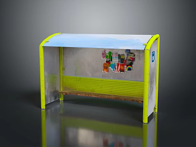 Yellow Framed Bus Shelter With Transparent Roof Bench And Posters 3d model