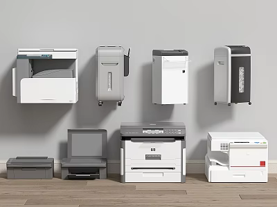 Assorted Office Equipment Including Printers Copiers In White Gray Colors Arranged On Floor And Wall 3d model