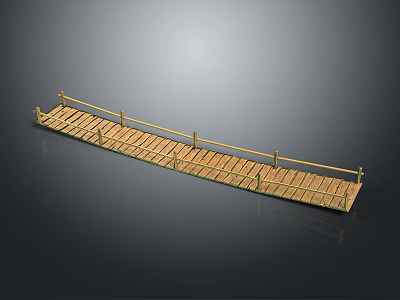 Wooden Bridge Structure With Planked Deck And Railings On Reflective Surface 3d model