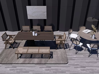 Modern Dining Table Set With Rectangular Table Chairs Bench Striped Wall Art And Wooden Floor 3d model