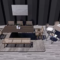 Modern Dining Table Set With Rectangular Table Chairs Bench Striped Wall Art And Wooden Floor 3d model