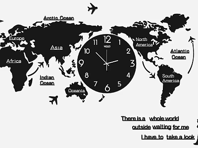 Stylish World Map Wall Decor with Clock Airplanes and Inspirational Text 3d model
