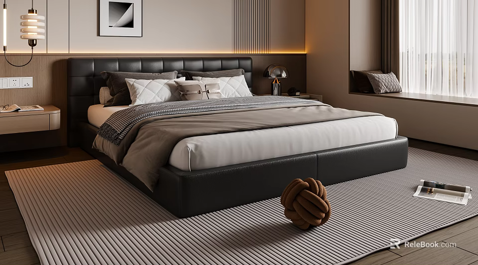 Modern Double Bed With Black Leather Headboard White Bedding And Striped Rug 3d model 
