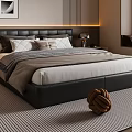 Modern Double Bed With Black Leather Headboard White Bedding And Striped Rug