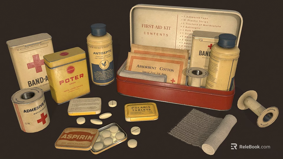 Essential Medical Devices Including First Aid Kit Aspirin Tablets Bandages Ointment And Gauze 3d model 