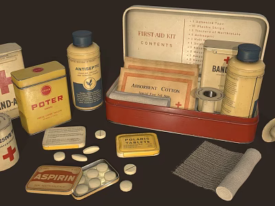 Essential Medical Devices Including First Aid Kit Aspirin Tablets Bandages Ointment And Gauze 3d model
