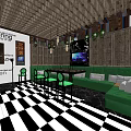 KTV Interior With Green Sofas Black White Checkered Floor TV Screens And Wooden Ceiling
