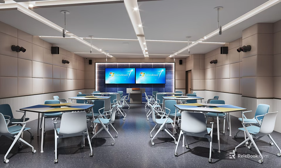 School Classroom Interior With Tables Chairs Two Large Screens And Modern Lighting 3d model 
