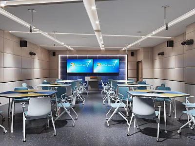 School Classroom Interior With Tables Chairs Two Large Screens And Modern Lighting 3d model