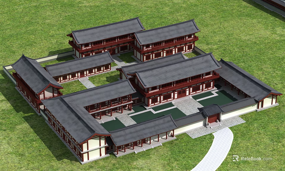Traditional Chinese Ancient Architecture With Courtyards Black Tile Roofs And Red Decorations 3d model