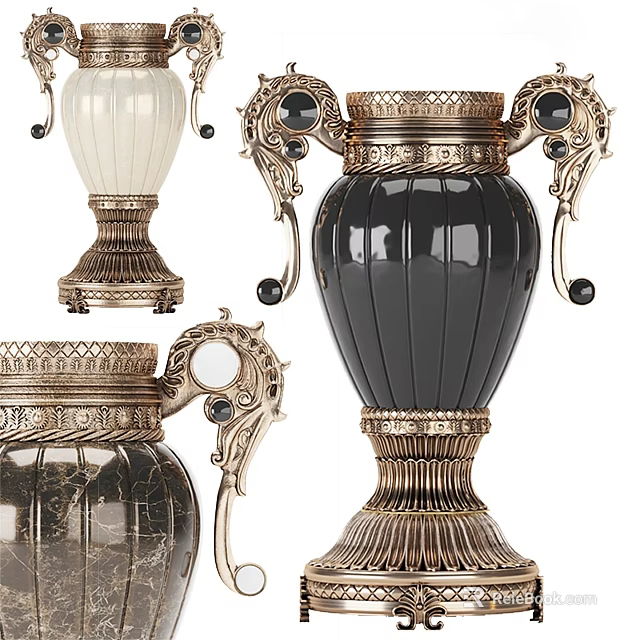 Ornate Ceramic Vessels Featuring Gold Metal Accents Transparent Glass Details And Black Gemstone Embellishments 3d model 