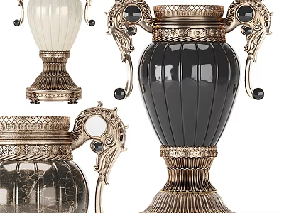 Ornate Ceramic Vessels Featuring Gold Metal Accents Transparent Glass Details And Black Gemstone Embellishments 3d model