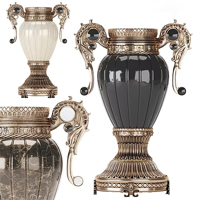 Ornate Ceramic Vessels Featuring Gold Metal Accents Transparent Glass Details And Black Gemstone Embellishments 3d model