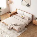 Double Bed with Wooden Frame in Minimalist Bedroom with Nightstands Floor Lamp and Abstract Painting