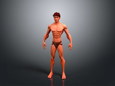 A Muscular Man in Brown Briefs Standing Barefoot Against Gray Background 3d model