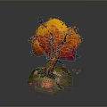 Autumn Tree with Vibrant Orange Yellow Leaves Textured Trunk and Green Grass