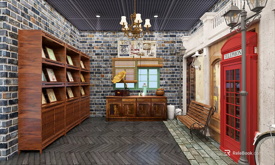 Vintage Interior Space With Brick Wall Wooden Bookshelf And Red Telephone Booth 3d model 