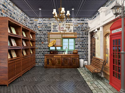 Vintage Interior Space With Brick Wall Wooden Bookshelf And Red Telephone Booth 3d model