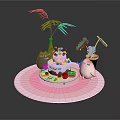 Festive Birthday Cake With Small Desserts Adorable Stuffed Animals On Pink Plate And Decorative Plants