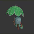 Cute Small Gray Creature Holding Green Leaf Shaped Umbrella Standing On Dark Background