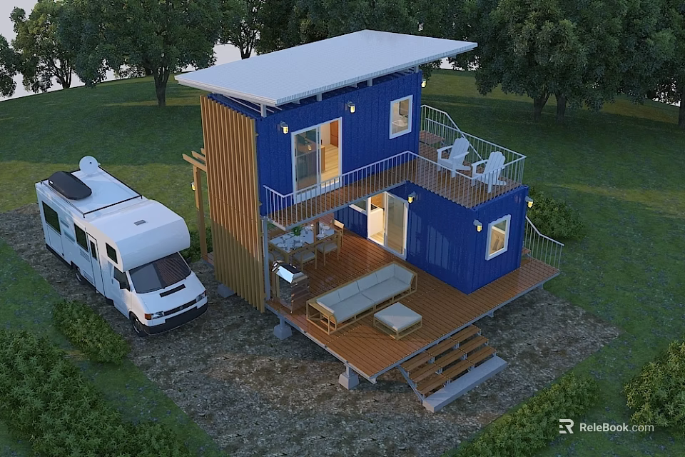 Blue Two Story Container House With Wooden Deck Outdoor Furniture And RV In Green Surroundings 3d model 