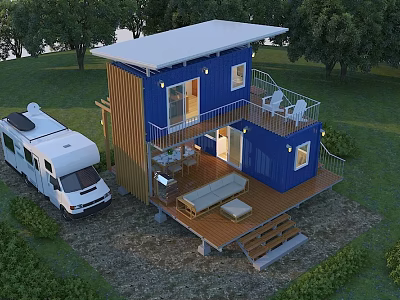 Blue Two Story Container House With Wooden Deck Outdoor Furniture And RV In Green Surroundings 3d model
