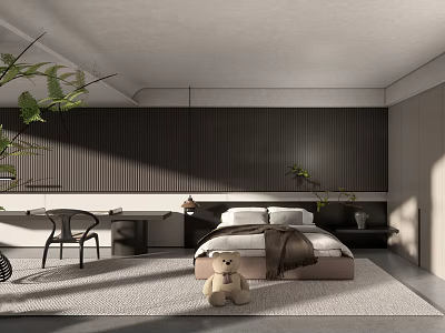 Modern Minimalist Bedroom With Dark Vertical Striped Wall Bed Pillows Blanket Teddy Bear Desk Chair 3d model