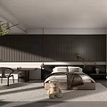 Modern Minimalist Bedroom With Dark Vertical Striped Wall Bed Pillows Blanket Teddy Bear Desk Chair